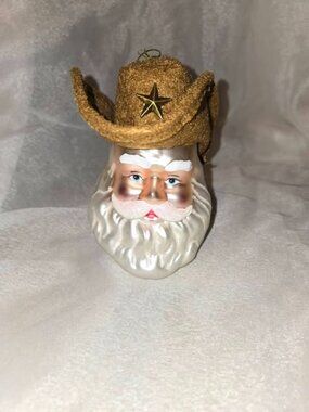 Vintage Glass Cowboy Santa Ornament. Felt Hat w/Lone Star Blown Glass